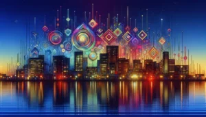 A city skyline at sunset is reflected on water in Richardson. Above the buildings, colorful geometric shapes and lines evoke the vibrant patterns found in a Borrower's Guide to Payday Loan Rates against the darkening sky.