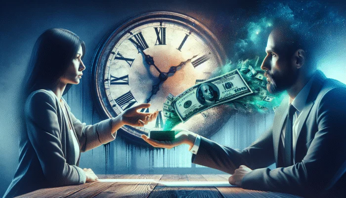 Person handing over cash with a clock ticking down to payday, illustrating short-term, high-interest loans.