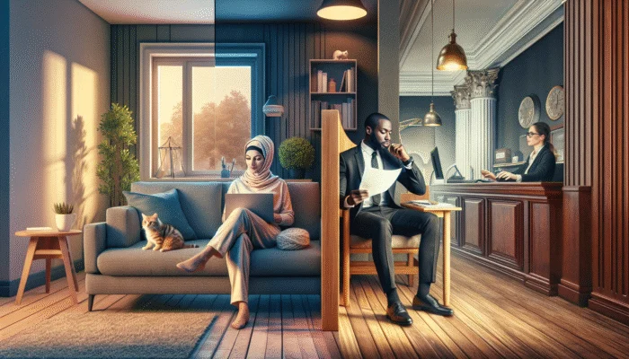 A person applying for a loan online at home versus another in a bank with financial charts.