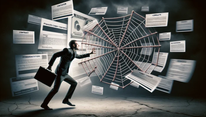 A distressed Texan borrower trapped in a web of payday loan contracts, symbolizing the debt cycle's impact on financial stability.