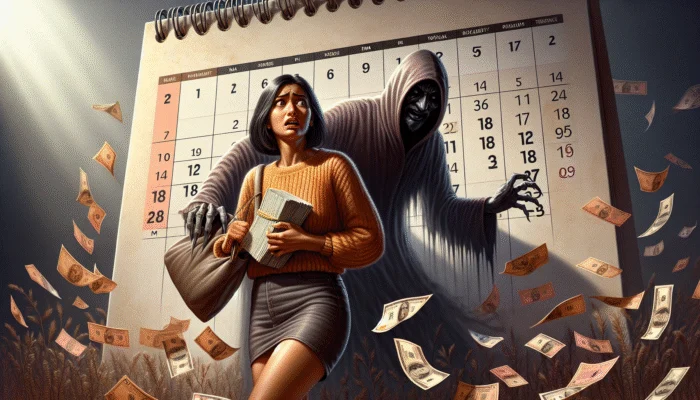 A person with cash facing a shadowy figure of high interest rates, calendar showing future earnings.