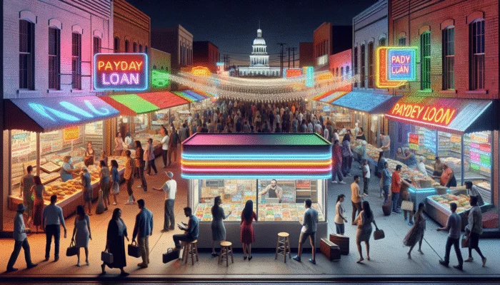 A bustling Texas market with vendors and customers, next to a neon-lit payday loan office.