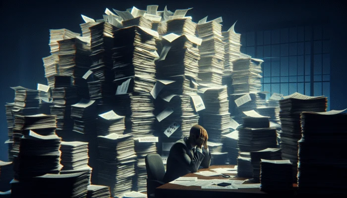 A Texan overwhelmed by loan documents with high interest rates and hidden fees in a shadowy office.