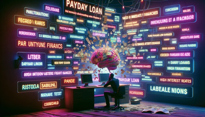 A person overwhelmed by flashy payday loan ads in a dimly lit, oppressive setting, highlighting high interest rates and hidden fees.