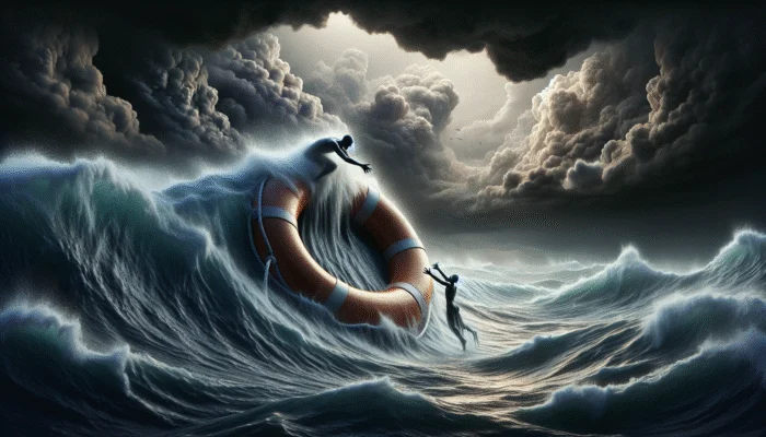 A person grasping a "Payday Loan" lifeline in stormy financial waters, with dark clouds representing high interest rates and debt traps.