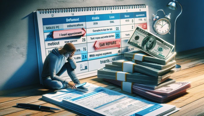 Person checking phone for loan approval, calendar shows quick turnaround, bills for car repairs and medical expenses on desk.