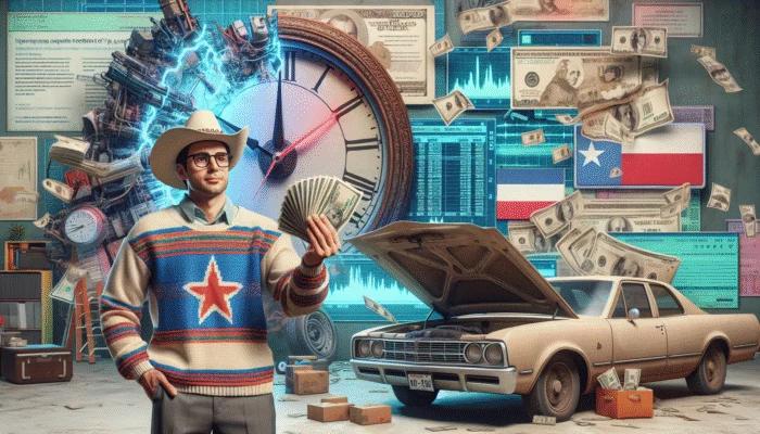 A Texan relieved with cash from a payday loan, next to a broken car and medical bills, with a clock showing urgency.