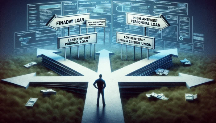A Texan considers a high-interest payday loan versus a lower-interest personal loan from a credit union, depicted as diverging paths.