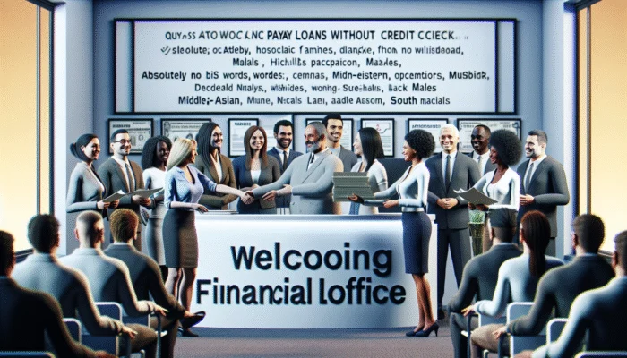 Diverse Texas workers accessing payday loans without credit checks in a welcoming office, symbolizing financial inclusivity.