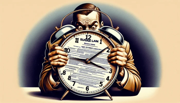 A person in Sugar Land holding a high-interest loan document with a ticking clock, symbolizing payday loan urgency and risk.