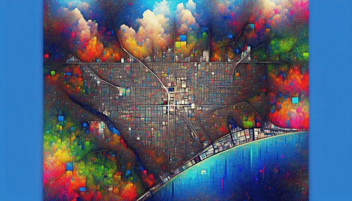 Map of Sugar Land highlighting lender locations amidst greenery and colorful buildings under a blue sky.