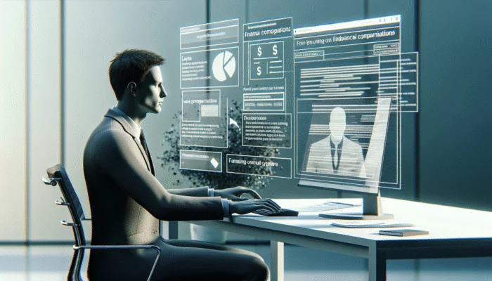 A person at a desk comparing loan terms on a computer, surrounded by financial documents, focused.