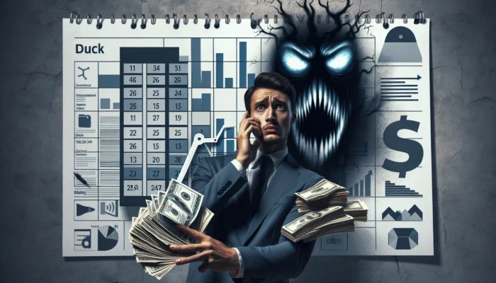 Person counting cash, worried, next to calendar with due date, illustrating payday loan urgency and cost.