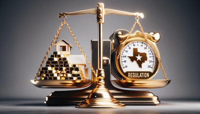 A Texas payday loan office sign showing 400% APR, with a state regulation poster capping rates for borrower protection.
