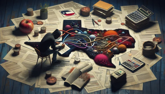 Person in Texas analyzing payday loan terms and repayment options at a cluttered desk.