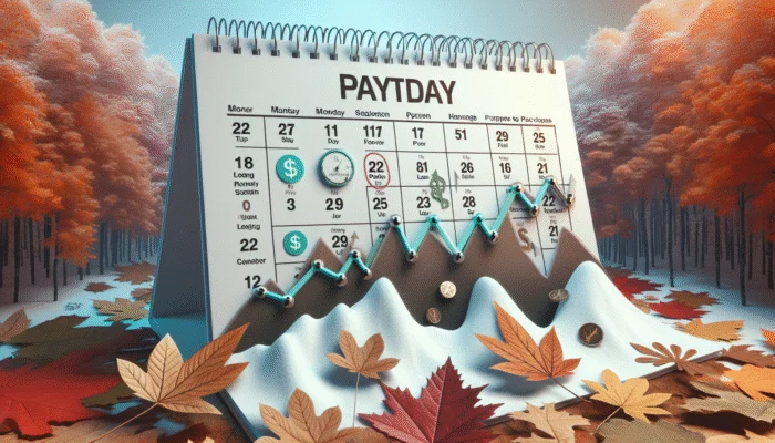 A calendar with payday dates and graphs showing seasonal loan usage spikes, autumn to winter transition.
