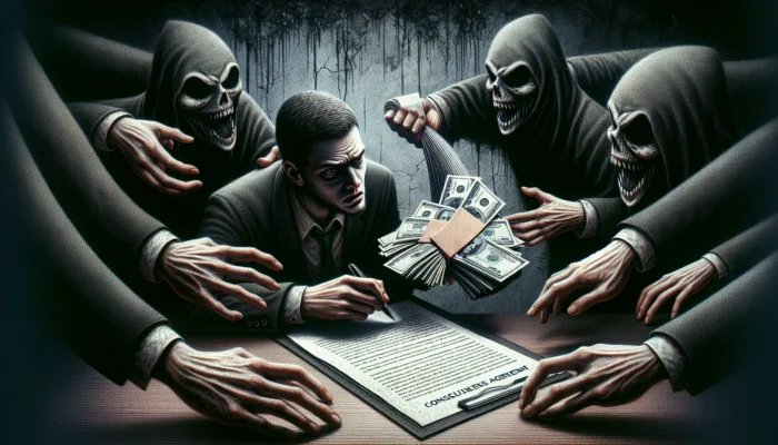 A person signs a contract for a payday loan, surrounded by shadows of high interest and hidden fees.