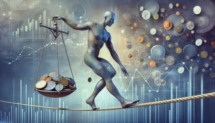 Person on tightrope balancing scale with coins and bills, financial charts background, symbolizing budgeting for stability.