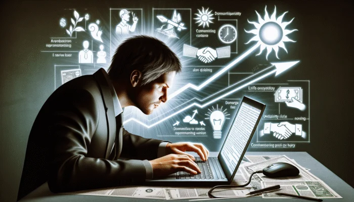 Person adjusting budget on laptop, surrounded by symbols of life changes like job contract, pay raise, high utility bill during Texas heatwave.