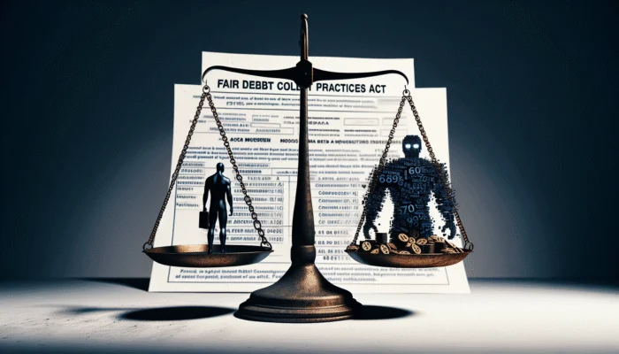 A scale of justice with FDCPA document and silhouette protected from shadowy figure representing abusive debt collectors.