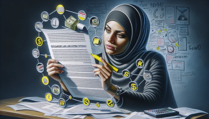 Person reading payday loan contract, highlighting sections, surrounded by papers and calculator, looking concerned.