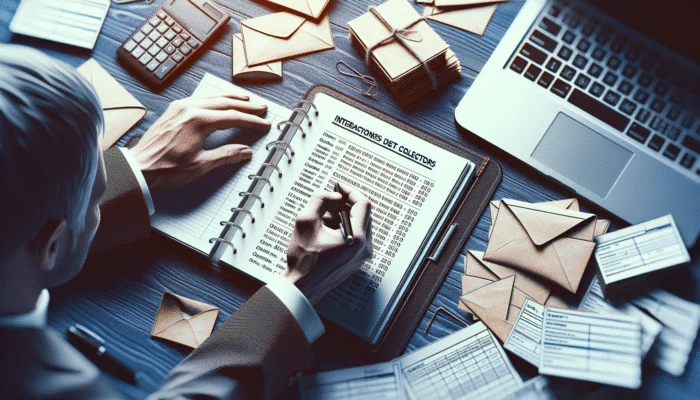 A person documenting debt collector interactions using a notebook and laptop amidst scattered papers and official letters.