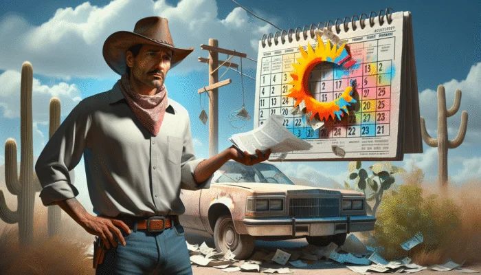 A Texan with a payday loan contract, next to a car needing repair and a medical bill, calendar showing next paycheck.