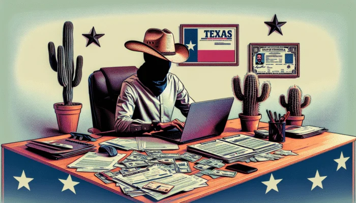 Person completing online payday loan application with documents on desk in Texas-themed office.