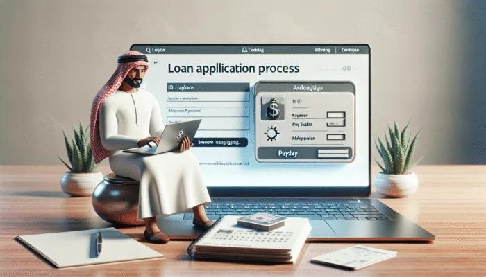 Person at home using laptop to apply for payday loan, with ID and pay stubs on desk.