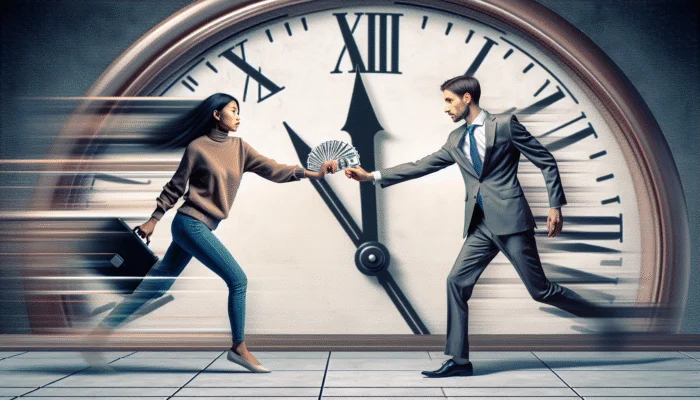 A person receiving cash quickly from a lender, with a clock showing fast time, symbolizing payday loan speed.