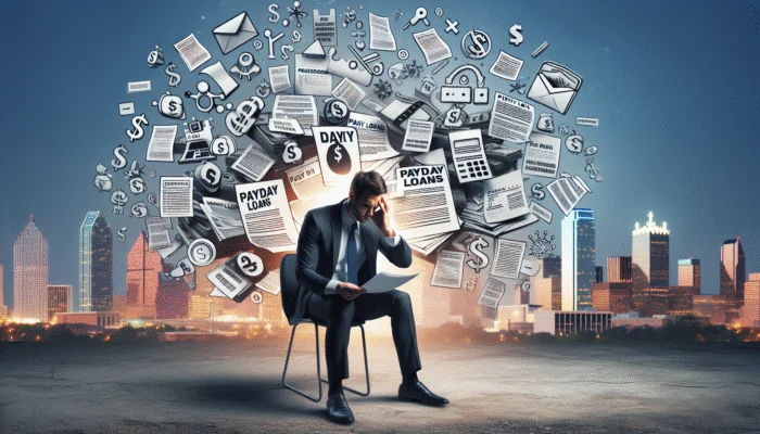 A person in Dallas reviewing payday loan eligibility criteria, focused amidst financial documents and city skyline.