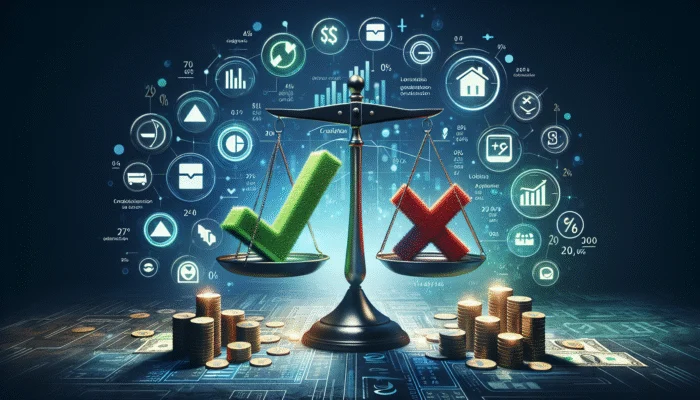 A scale balancing a green checkmark and a red cross, surrounded by financial symbols and interest rate charts.