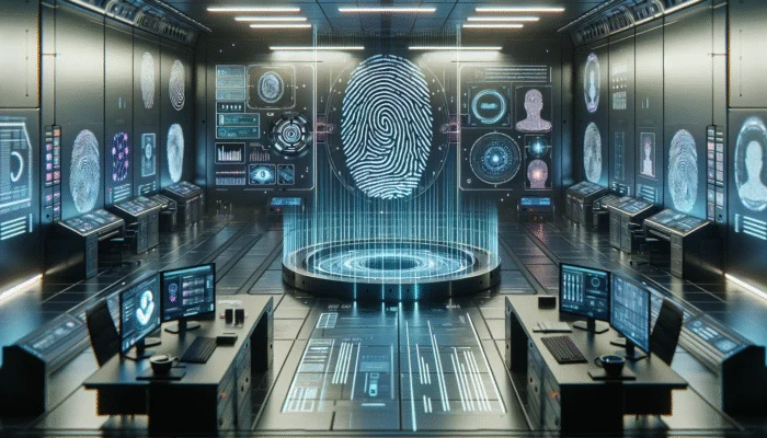 A futuristic biometric lab with high-tech scanners analyzing fingerprints, facial patterns, and irises.
