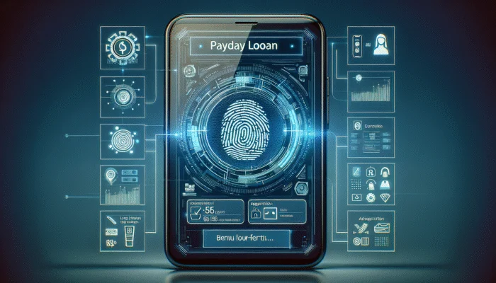 Futuristic smartphone interface with fingerprint and face scan for secure, streamlined payday loan application.