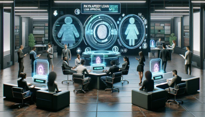 A futuristic payday loan office with clients using mobile devices and a sleek fingerprint scanner for secure identity verification.