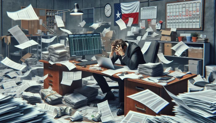 A stressed Texan filling out a payday loan application on a laptop amidst overdue bills and a calendar.