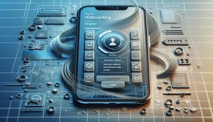 A futuristic smartphone showing a digital onboarding app with icons for document upload and identity verification, set against abstract digital patterns.
