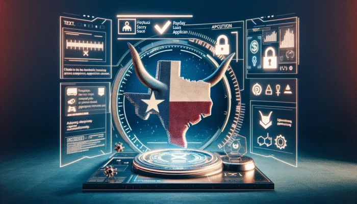 Futuristic Texas payday loan app interface with biometric scans and encryption symbols for enhanced security.