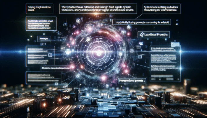 A futuristic interface showing fraud detection algorithms safeguarding a payday loan transaction, prompting verification.