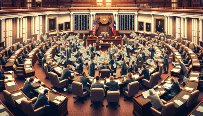 Texas lawmakers debating bills to cap payday loan interest rates, with charts and protective shields.