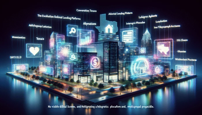 A futuristic Texas cityscape with digital screens and holograms showing online lending platforms and mobile apps.