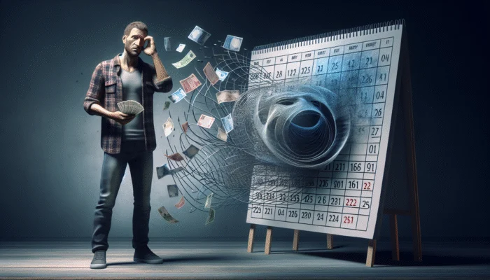 Person with cash next to calendar showing payday, under shadow of high interest rate charts.