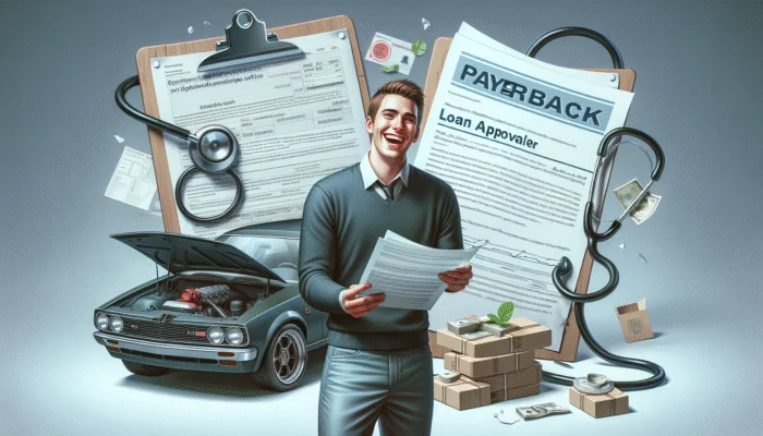 A student smiling with a payday loan approval, next to a broken car and medical bill.