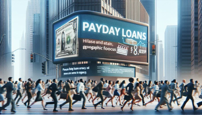 Diverse payday loan keywords on a digital billboard in a busy city, people rushing by.