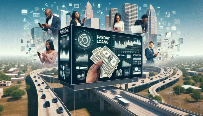 Digital billboard in Texas displaying payday loan keywords, urban setting with people using smartphones for quick cash searches.