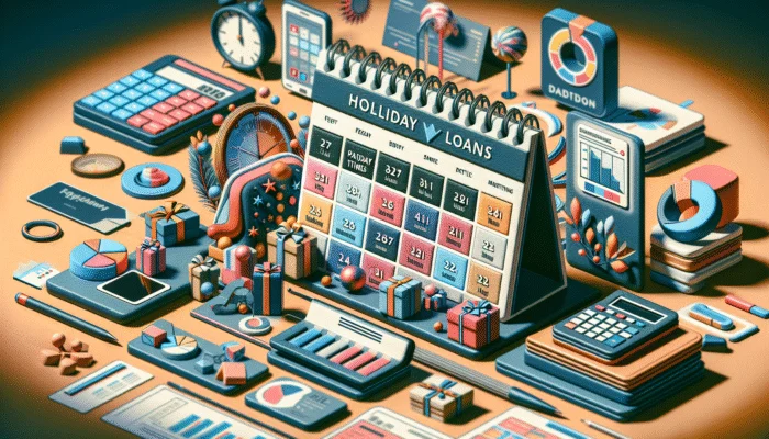 A calendar with seasonal keywords like "holiday loans" in festive colors, surrounded by marketing materials and analytics tools on a desk.
