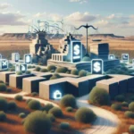 A digital illustration of a modern city built with stone blocks in a desert landscape, featuring glowing financial and technology icons—like dollar signs and locks—superimposed on buildings, highlighting the rise of Texas Payday Loan Apps.