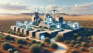 A digital illustration of a modern city built with stone blocks in a desert landscape, featuring glowing financial and technology icons—like dollar signs and locks—superimposed on buildings, highlighting the rise of Texas Payday Loan Apps.