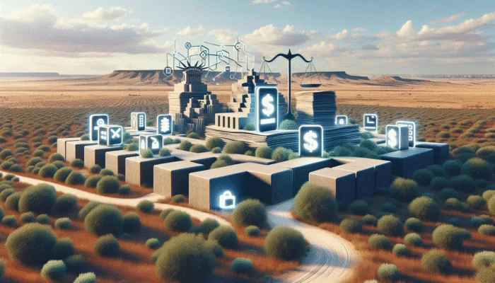 A digital illustration of a modern city built with stone blocks in a desert landscape, featuring glowing financial and technology icons—like dollar signs and locks—superimposed on buildings, highlighting the rise of Texas Payday Loan Apps.