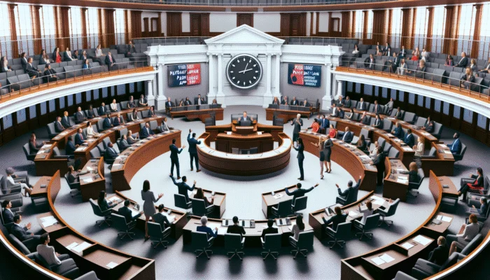 Diverse Texas lawmakers debating in a modern chamber with screens showing payday loan app interfaces and total cost disclosures.